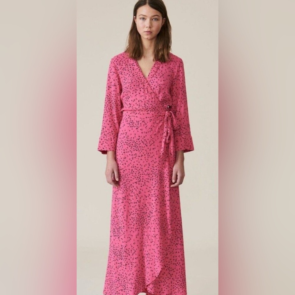 GANNI Barra Printed Crepe De Chine Wrap Maxi Dress In Pink
